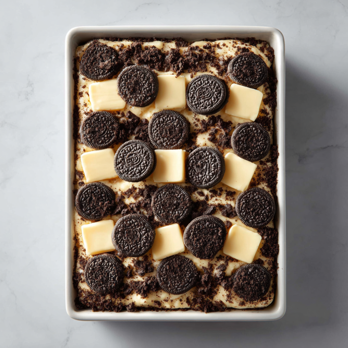 Oreo dump cake assembled before baking